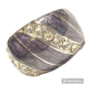 Vintage Purple Enamel Cocktail Ring Silver Plated Crystal Rhinestone Size 7 Boho